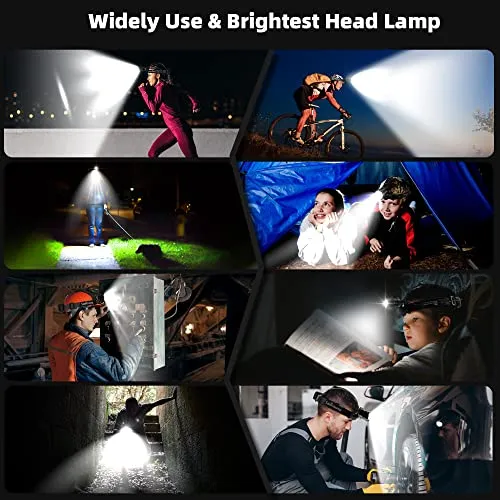 100000 LM Headlamp Induction Function, 7 Modes 50h Long Lasting Battery Life Head Lamp, IP67 Waterproof Zoom LED Headlamp, 90°Angle Adjustable for Outdoor Indoor Camping Running Hunting Car Repair