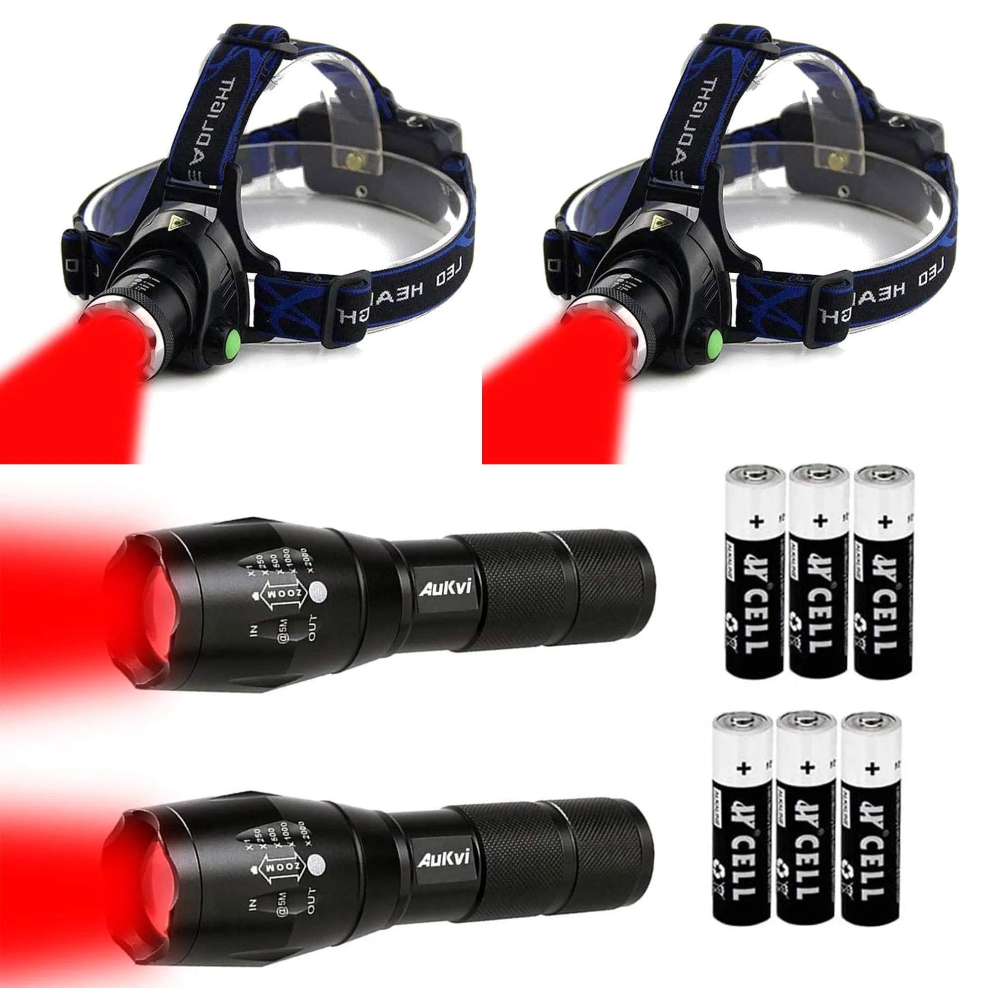 2 Deep Red Light Flashlight and 2 Deep Red Light Headlamp Bundle