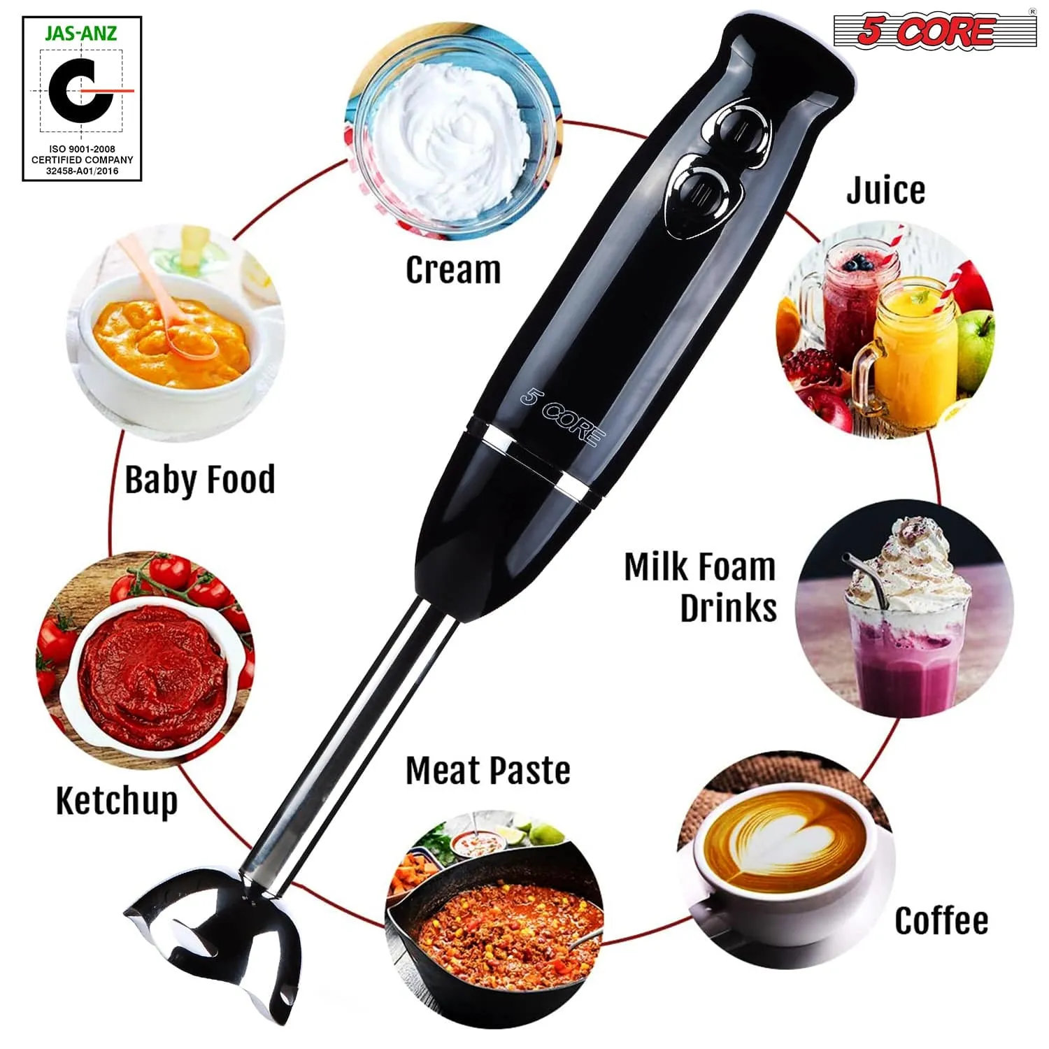 5Core 500W Immersion Blender Handheld 2 Speed Stainless Steel ,