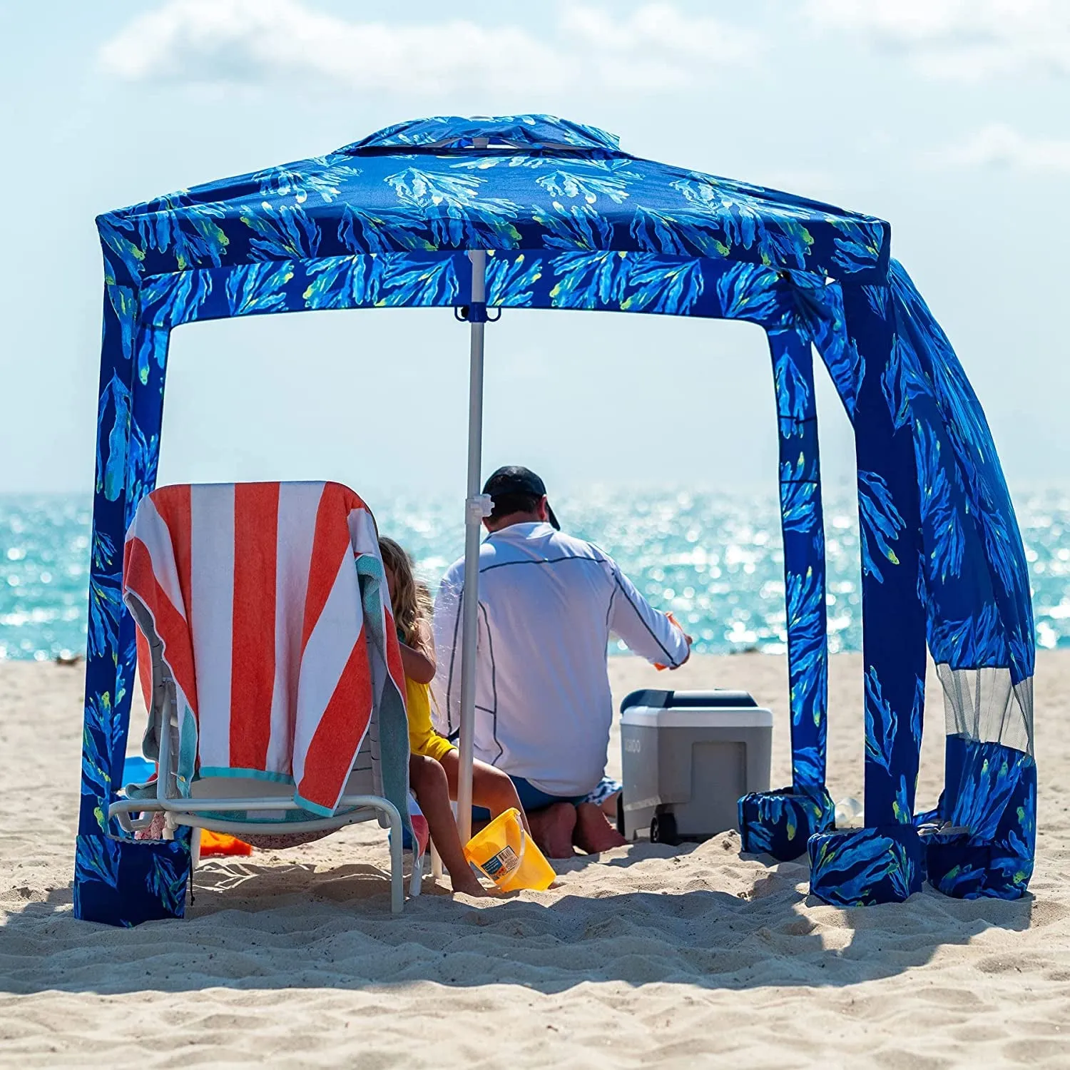 Beach Cabana, 6.2'×6.2' Beach Canopy, Easy Set up and Take Down, Cool Cabana Beach Tent with Sand Pockets, Instant Sun Shelter with Privacy Sunwall, Blue Paint