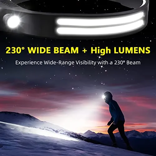 Beccason LED Headlamp Rechargeable 2PCS - 230° COB Super Bright Head Lights for Forehead, Hard hat Light for Adults, USB C Headband Flashlight for Work, Hiking, Running, Camping Essentials Gear