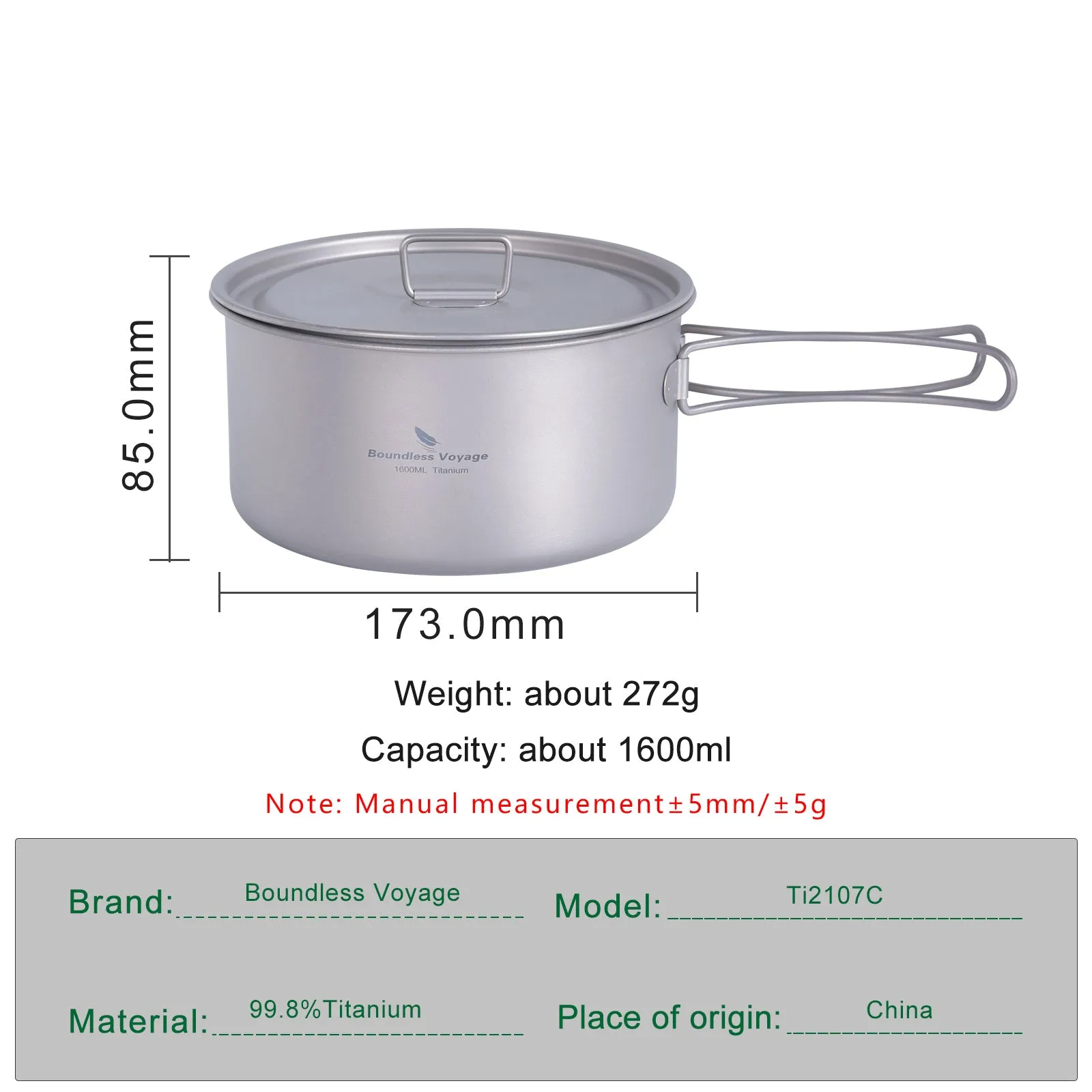 Boundless Voyage Lightweight 1400ml Titanium Pot Outdoor Portable Cooking Set