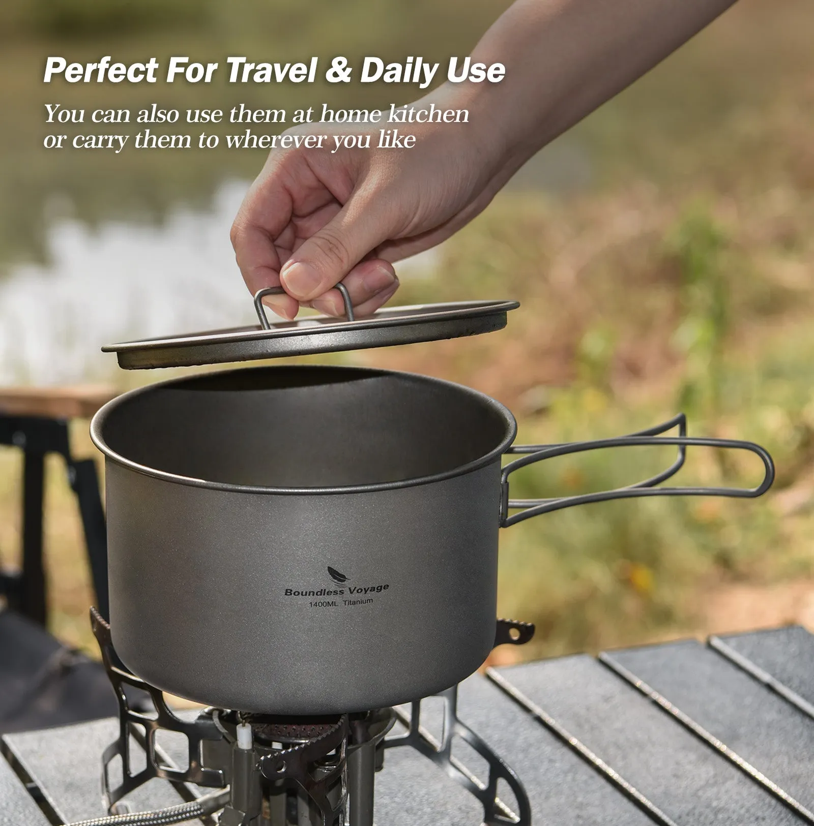 Boundless Voyage Lightweight 1400ml Titanium Pot Outdoor Portable Cooking Set