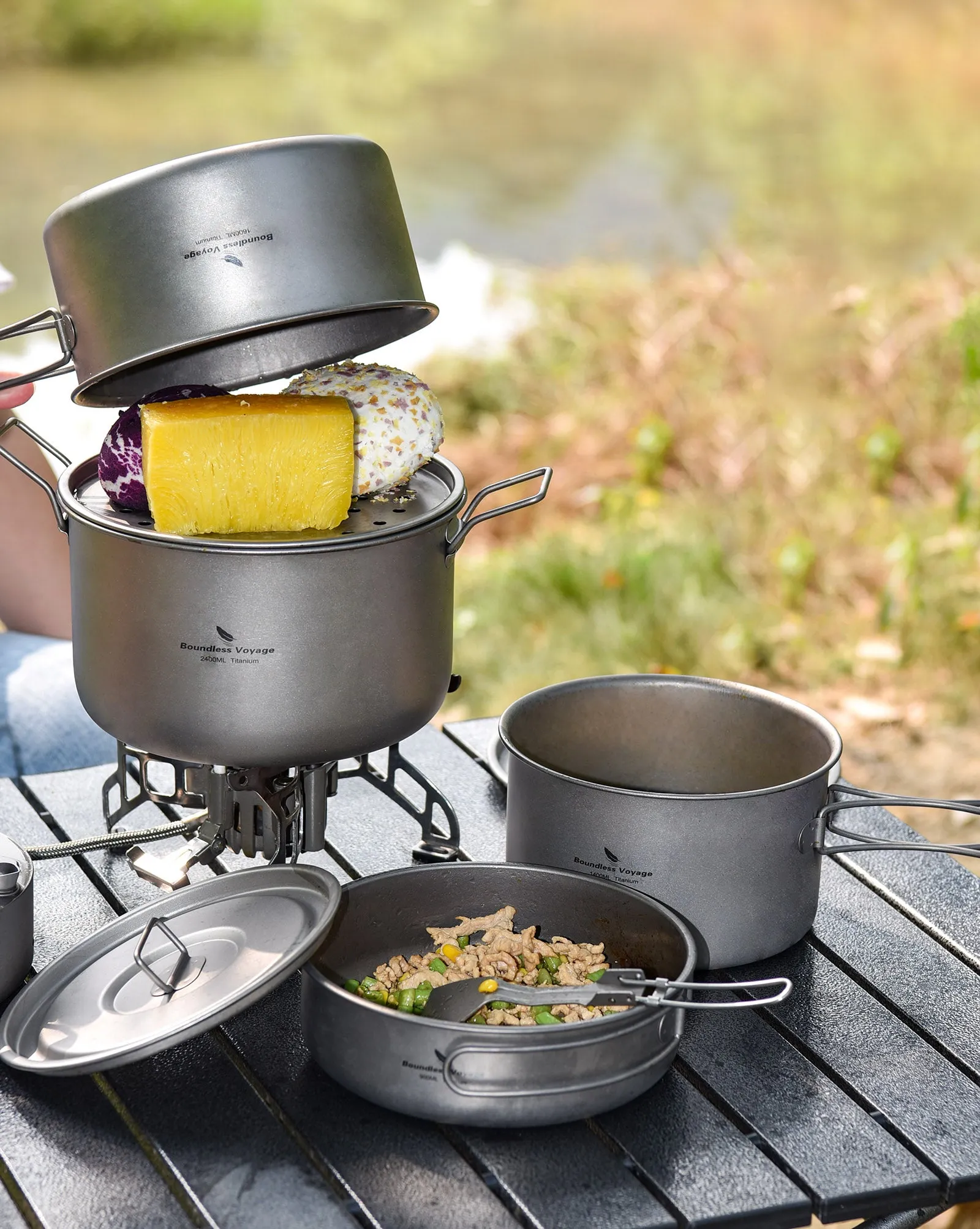 Boundless Voyage Lightweight 1400ml Titanium Pot Outdoor Portable Cooking Set