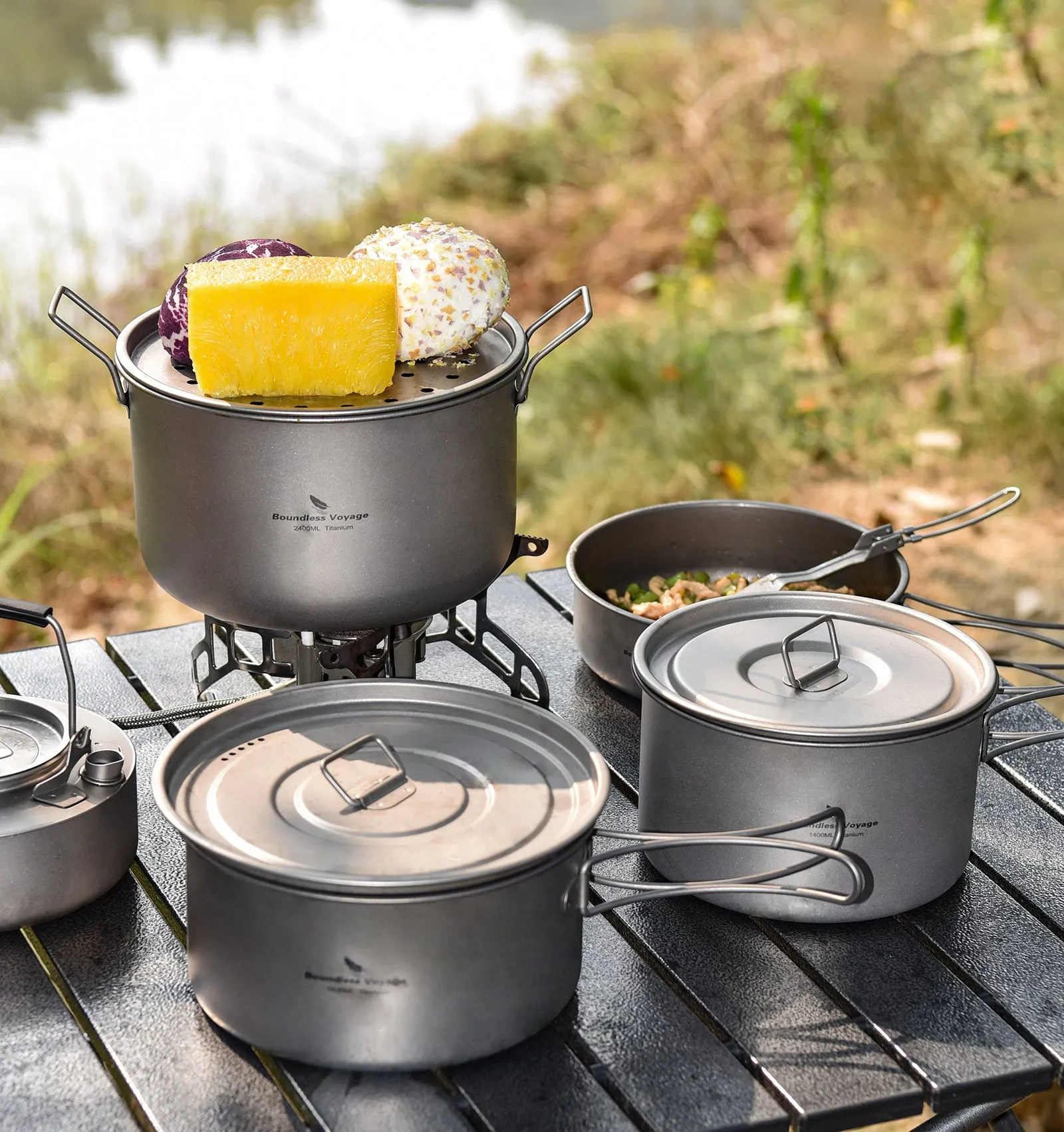 Boundless Voyage Lightweight 1400ml Titanium Pot Outdoor Portable Cooking Set