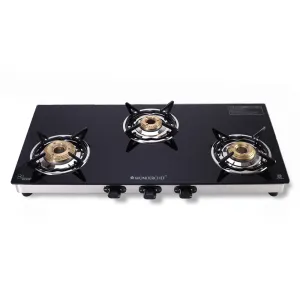 Duralife Slim Glass Cooktop 3 Burner | Heavy Duty Pan Support | Dual Locking System | Easy Grip Sleek Knobs | Brass Burner | Round Stainless Steel Drip Tray | 2 Years Warranty on Glass and Product