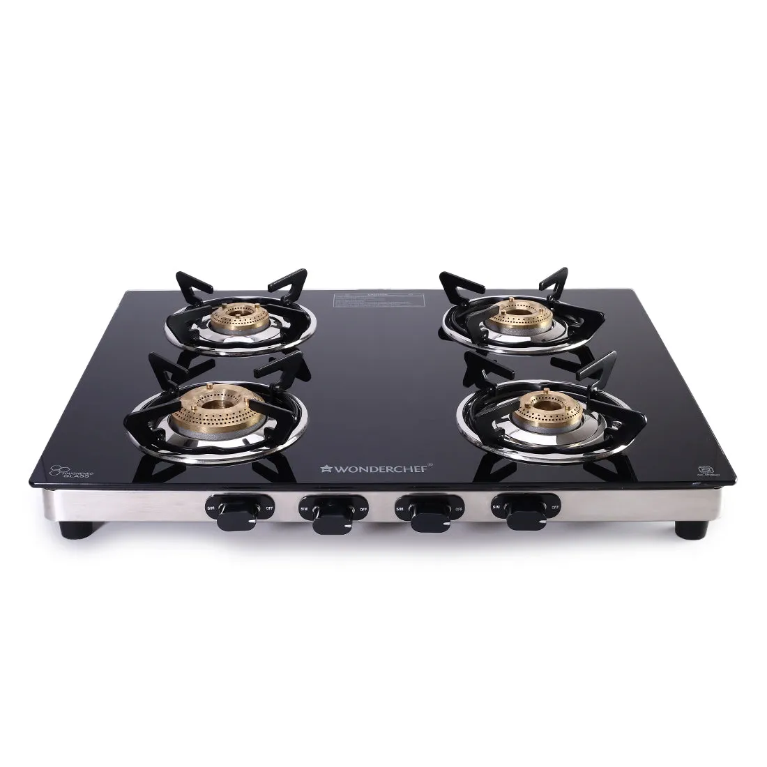 Duralife Slim Glass Cooktop 4 Burner | Heavy Duty Pan Support | Dual Locking System | Easy Grip Sleek Knobs | Brass Burner | Round Stainless Steel Drip Tray | 2 Years Warranty on Glass and Product