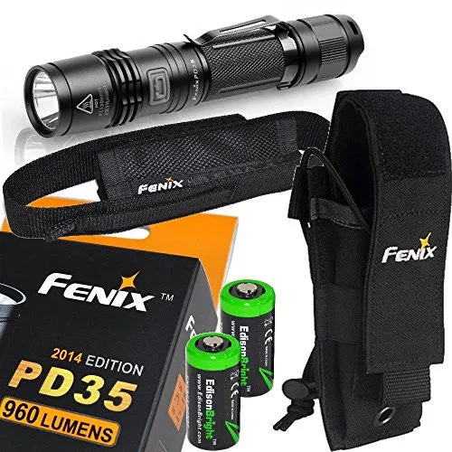 Fenix PD35 2014 Edition 960 Lumen CREE XM-L2 U2 LED Tactical Flashlight and Fenix ALP-MT holster (Black) with Two EdisonBright CR123A Lithium Batteries bundle