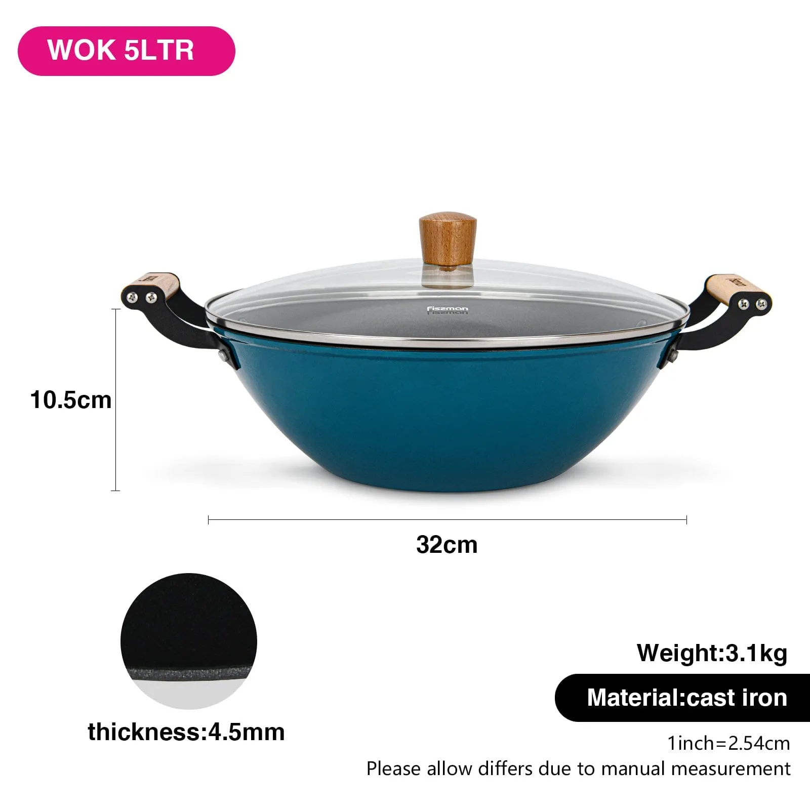 Fissman Wok Seagreen Series 32x10.5cm/5LTR With Glass Lid (Enamelled Lightweight Cast Iron With Non-Stick Coating)