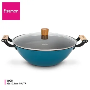 Fissman Wok Seagreen Series 32x10.5cm/5LTR With Glass Lid (Enamelled Lightweight Cast Iron With Non-Stick Coating)