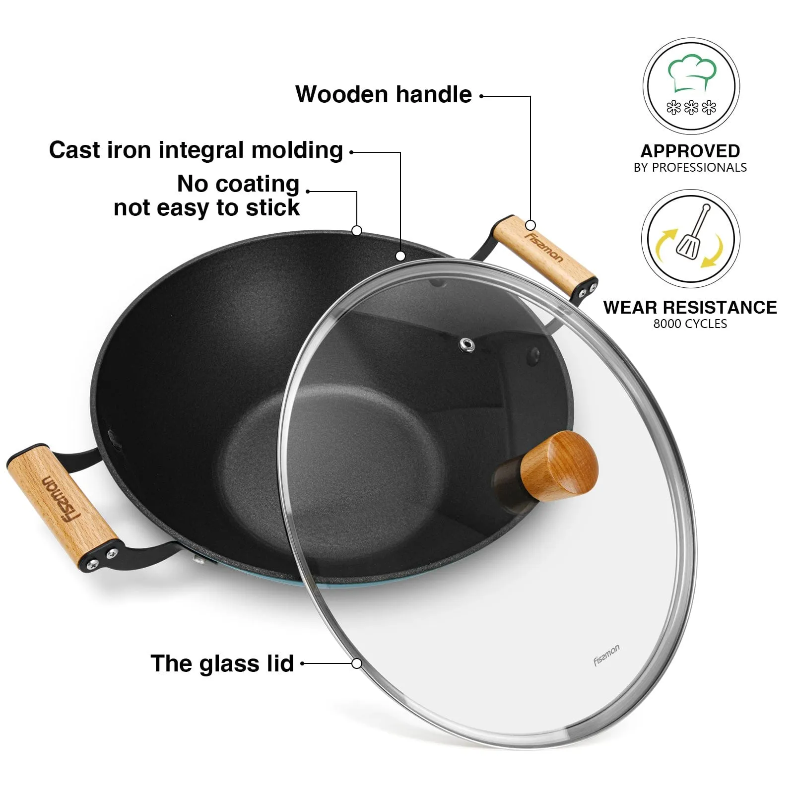 Fissman Wok Seagreen Series 32x10.5cm/5LTR With Glass Lid (Enamelled Lightweight Cast Iron With Non-Stick Coating)