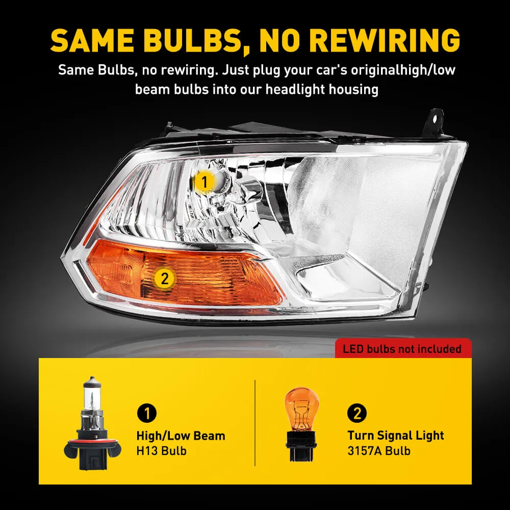 Headlight Assembly Compatible with 2009-2012 Dodge Ram 1500, 2010-2012 Ram 2500/3500 with Dual Beam Model (Not for Factory Projector Headlight Models & Quad Beam Model)