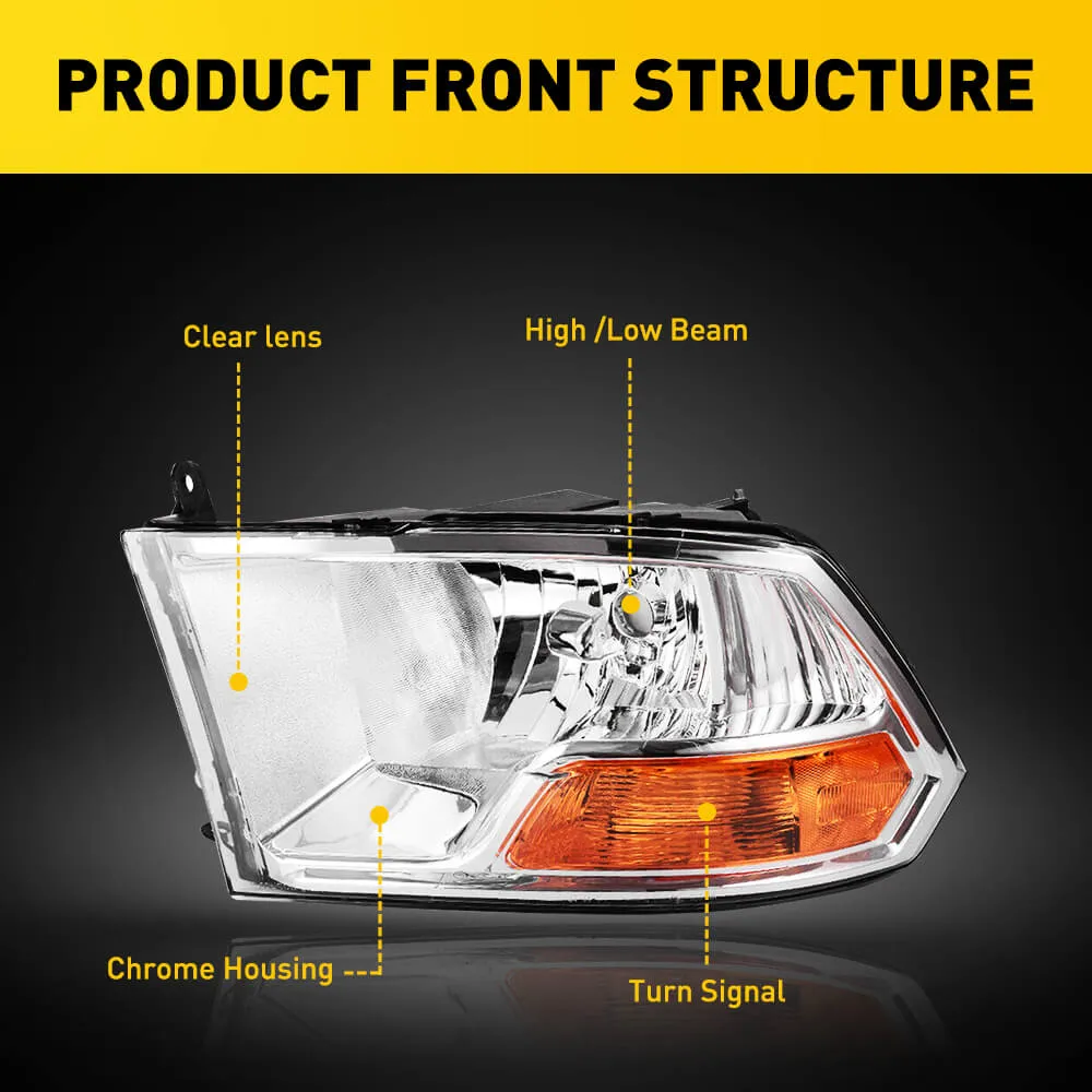 Headlight Assembly Compatible with 2009-2012 Dodge Ram 1500, 2010-2012 Ram 2500/3500 with Dual Beam Model (Not for Factory Projector Headlight Models & Quad Beam Model)