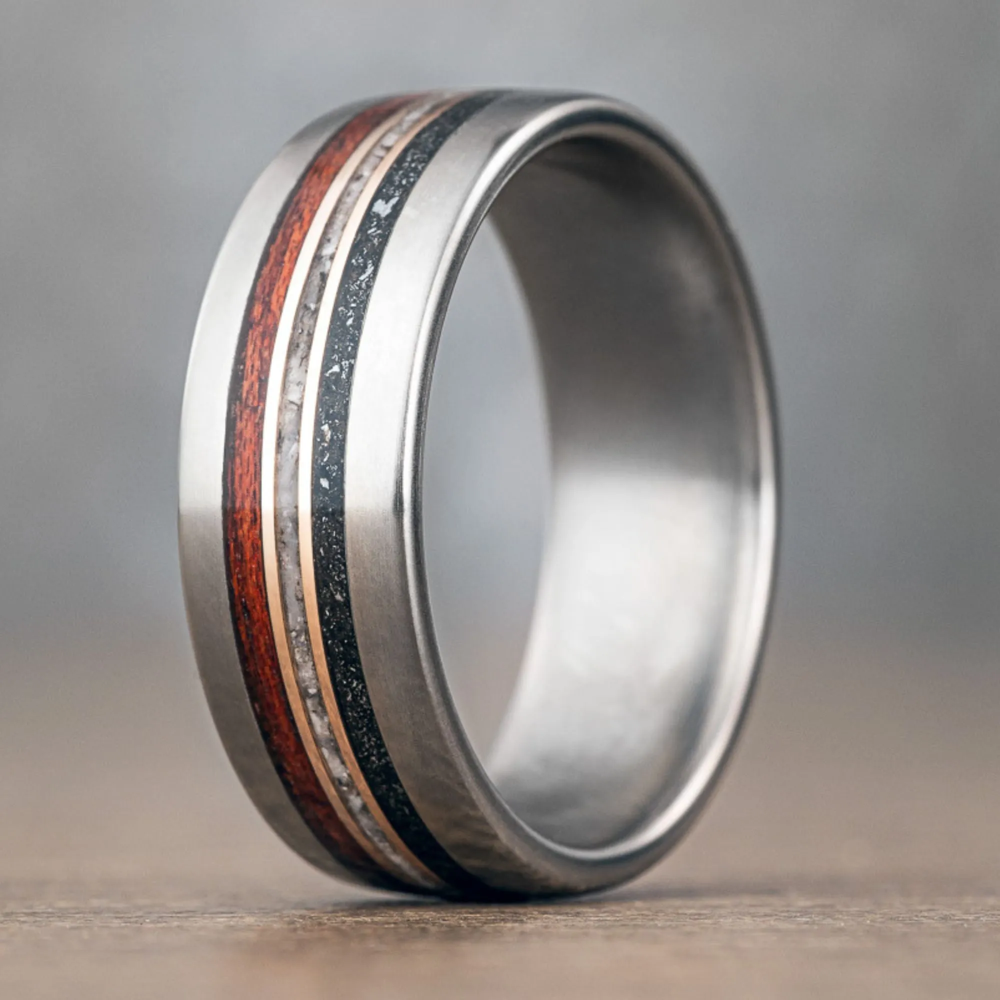 (In-Stock) Custom Men's Titanium Wedding Band with Meteorite, Bloodwood, Oyster Shells & Dual Bronze Inlays - Size 11 | 8mm Wide