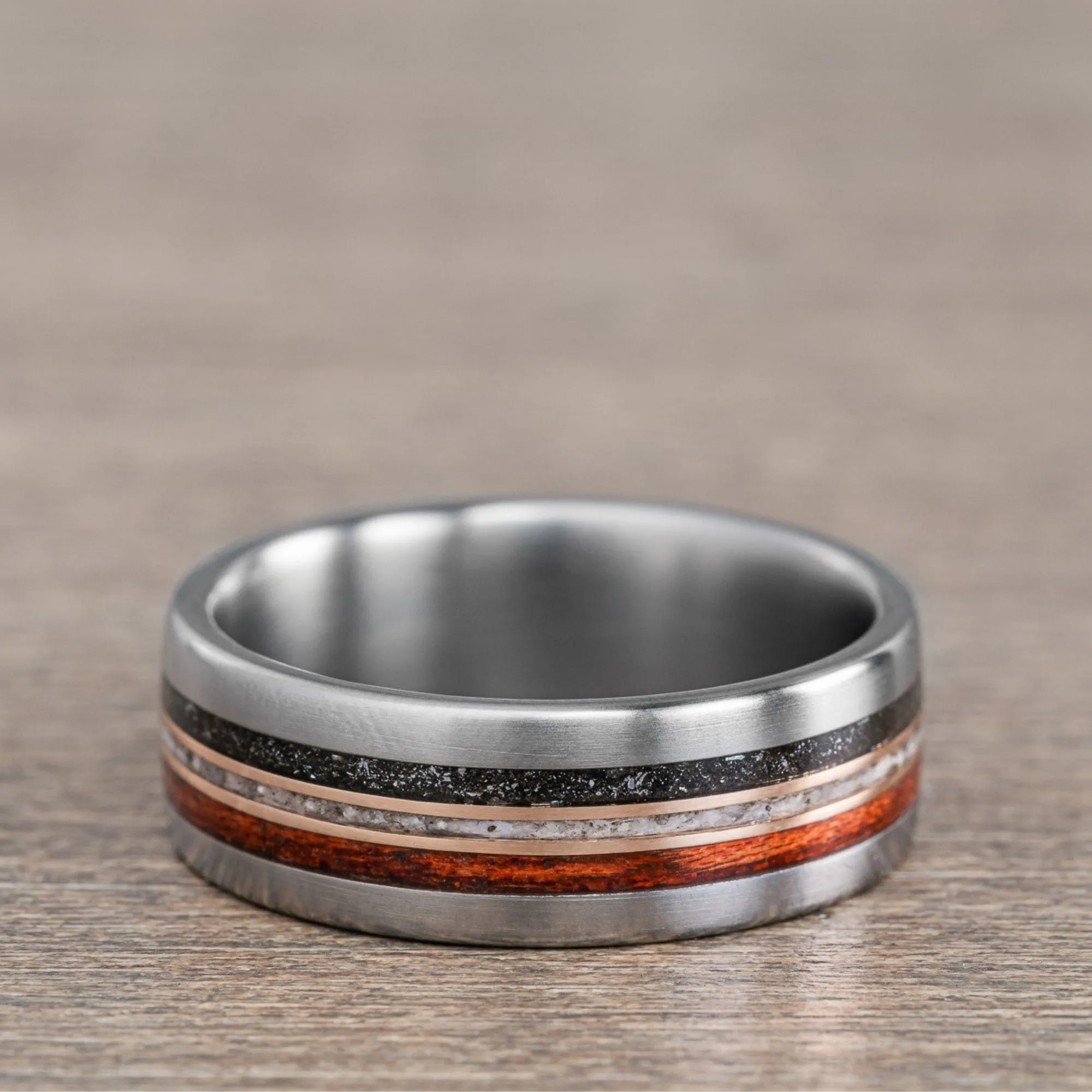 (In-Stock) Custom Men's Titanium Wedding Band with Meteorite, Bloodwood, Oyster Shells & Dual Bronze Inlays - Size 11 | 8mm Wide