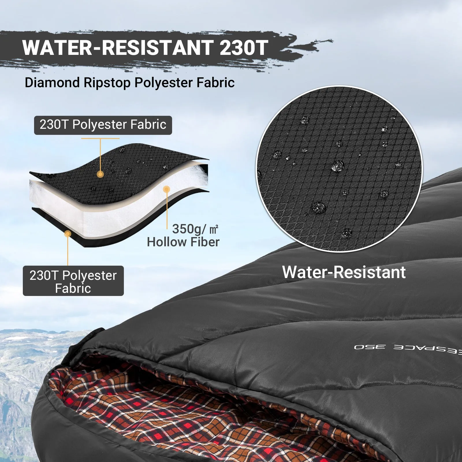 KingCamp 350g Filling Plus Size 3-4 Season Black Sleeping Bag