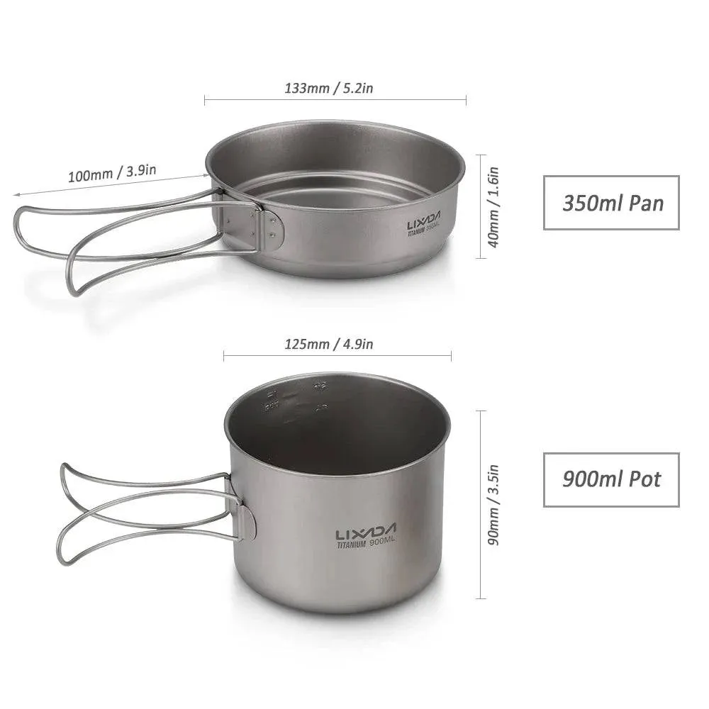 Lixada Ultralight Titanium Camping Pot Pan Cook Set Outdoor Camping Cookware Set 900ml Pot and 350ml Fry Pan with Folding Handle