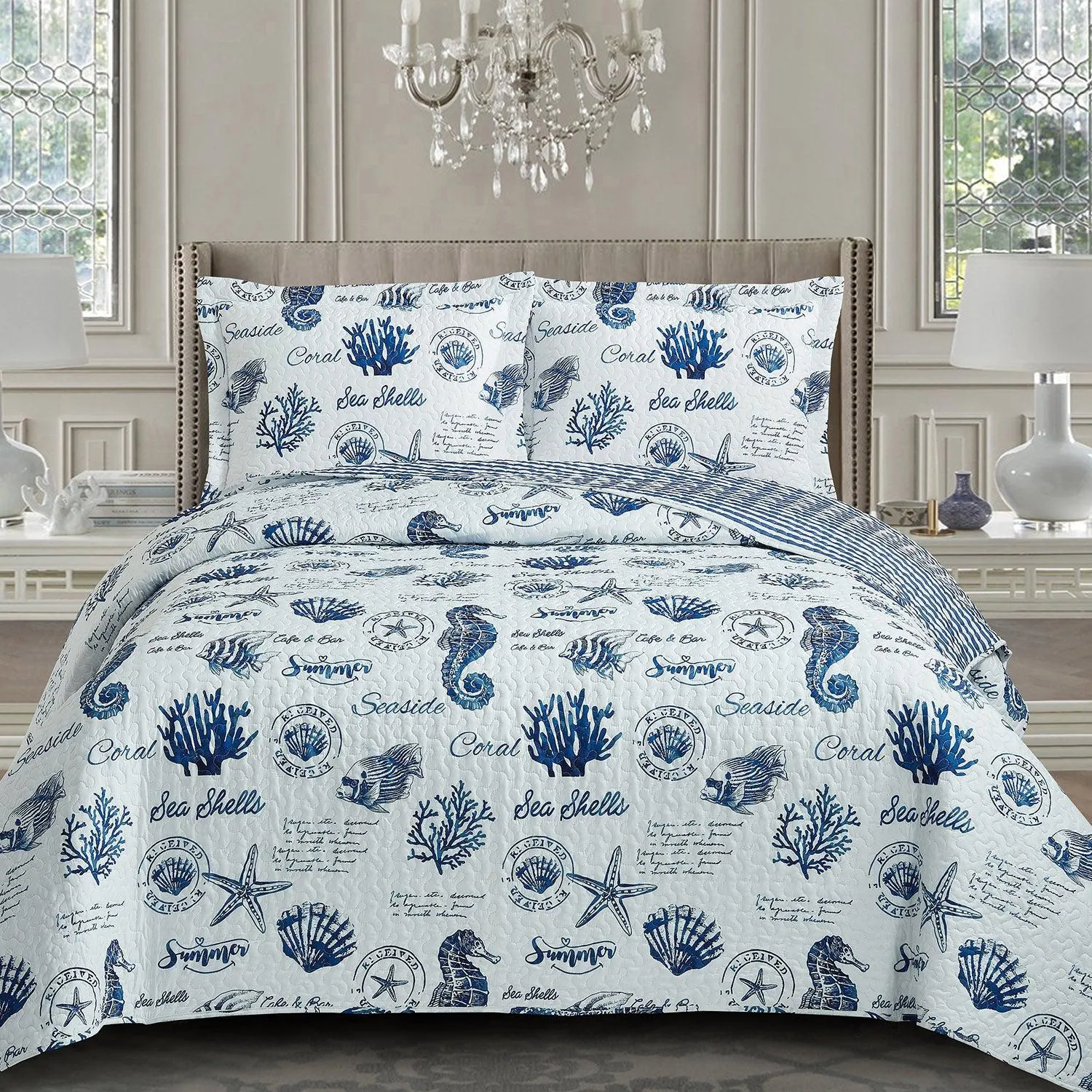 Nautical Sea Shells Quilt - Reversible Bedspread Set