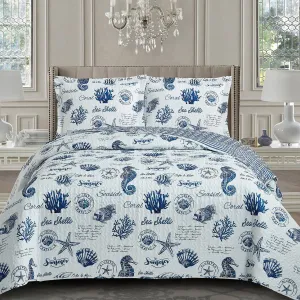 Nautical Sea Shells Quilt - Reversible Bedspread Set