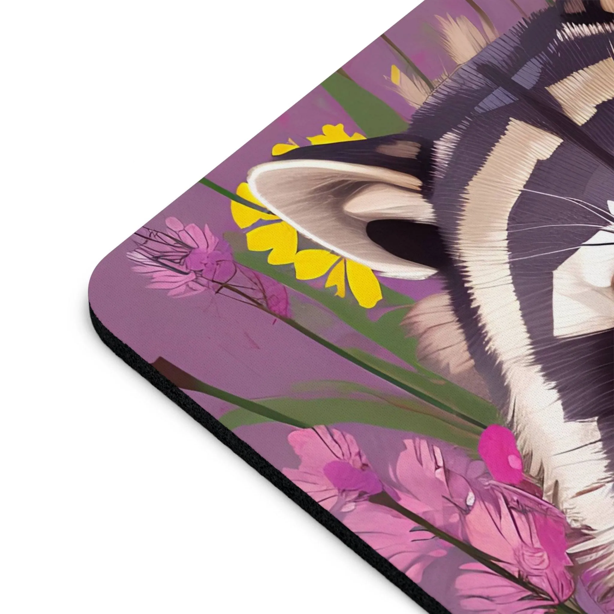 Raccoon and Flowers, Computer Mouse Pad - for Home or Office