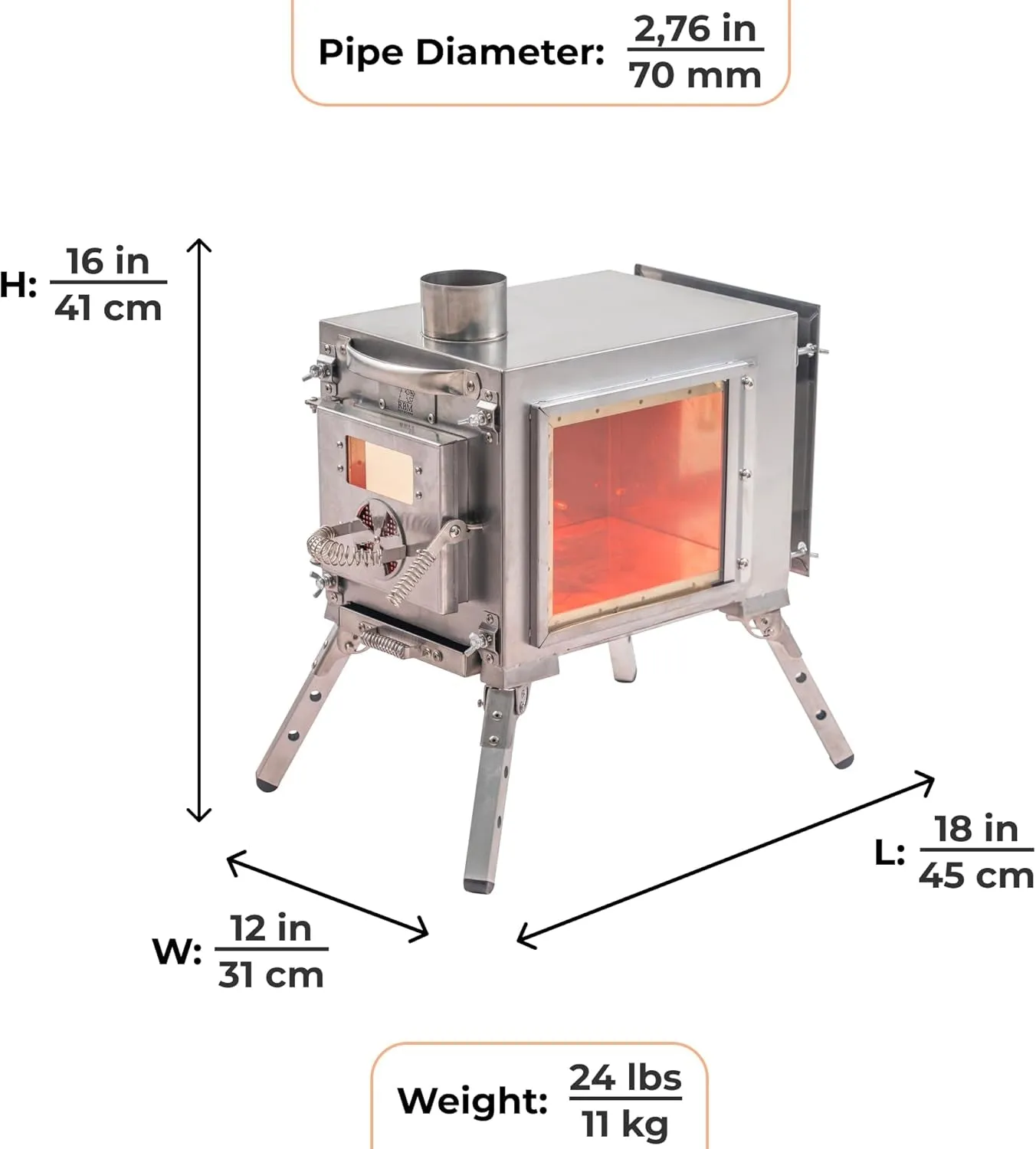 RBM OUTDOORS Camping Stoves for Tents, Shelters, Yurts. Portable Wood Burning Folding Stove for Camp, Cooking Outdoor. Compact Folding Pipes Chimney (Caminus S)