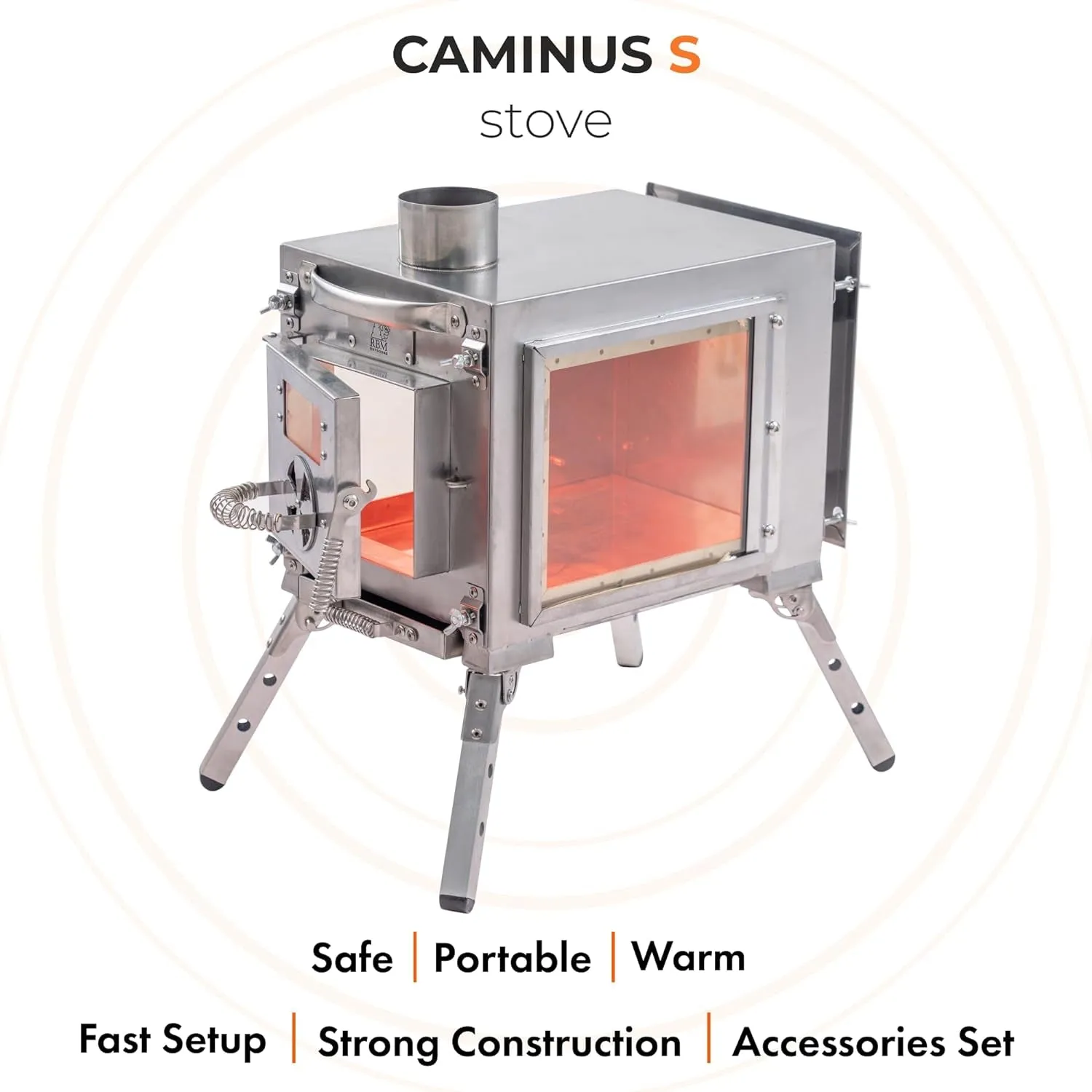 RBM OUTDOORS Camping Stoves for Tents, Shelters, Yurts. Portable Wood Burning Folding Stove for Camp, Cooking Outdoor. Compact Folding Pipes Chimney (Caminus S)