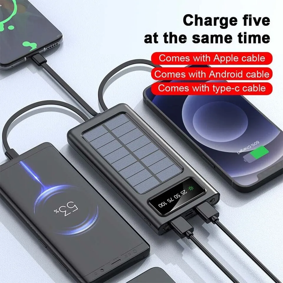 SMAXPlus™ Portable Solar Power Bank: 30,000mAH, 4 USB Built-in Cables, Waterproof Cell Phone Charger