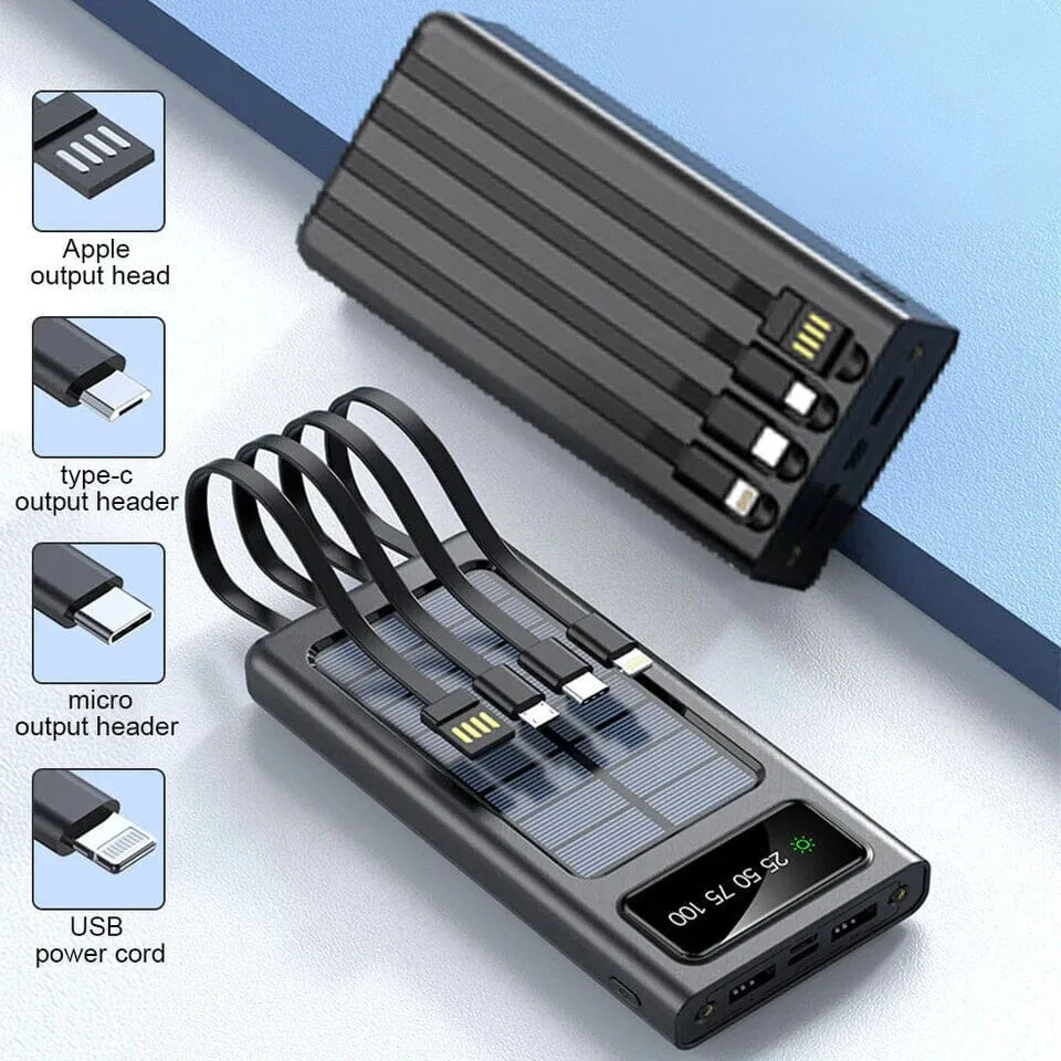 SMAXPlus™ Portable Solar Power Bank: 30,000mAH, 4 USB Built-in Cables, Waterproof Cell Phone Charger