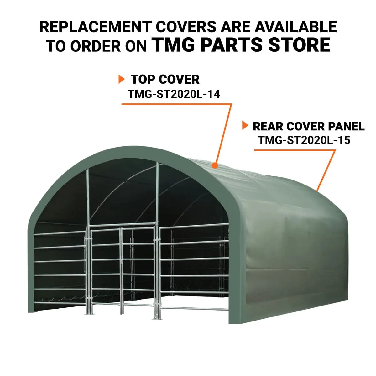 TMG Industrial 20’ x 20’ Livestock Corral Shelter, Powder Coated Structure, 12’ Dome Roof, 17 oz Military Green PVC Fabric Covering, 6-Bar Corral Panels, 5’ Front Swing Gate, TMG-ST2020L