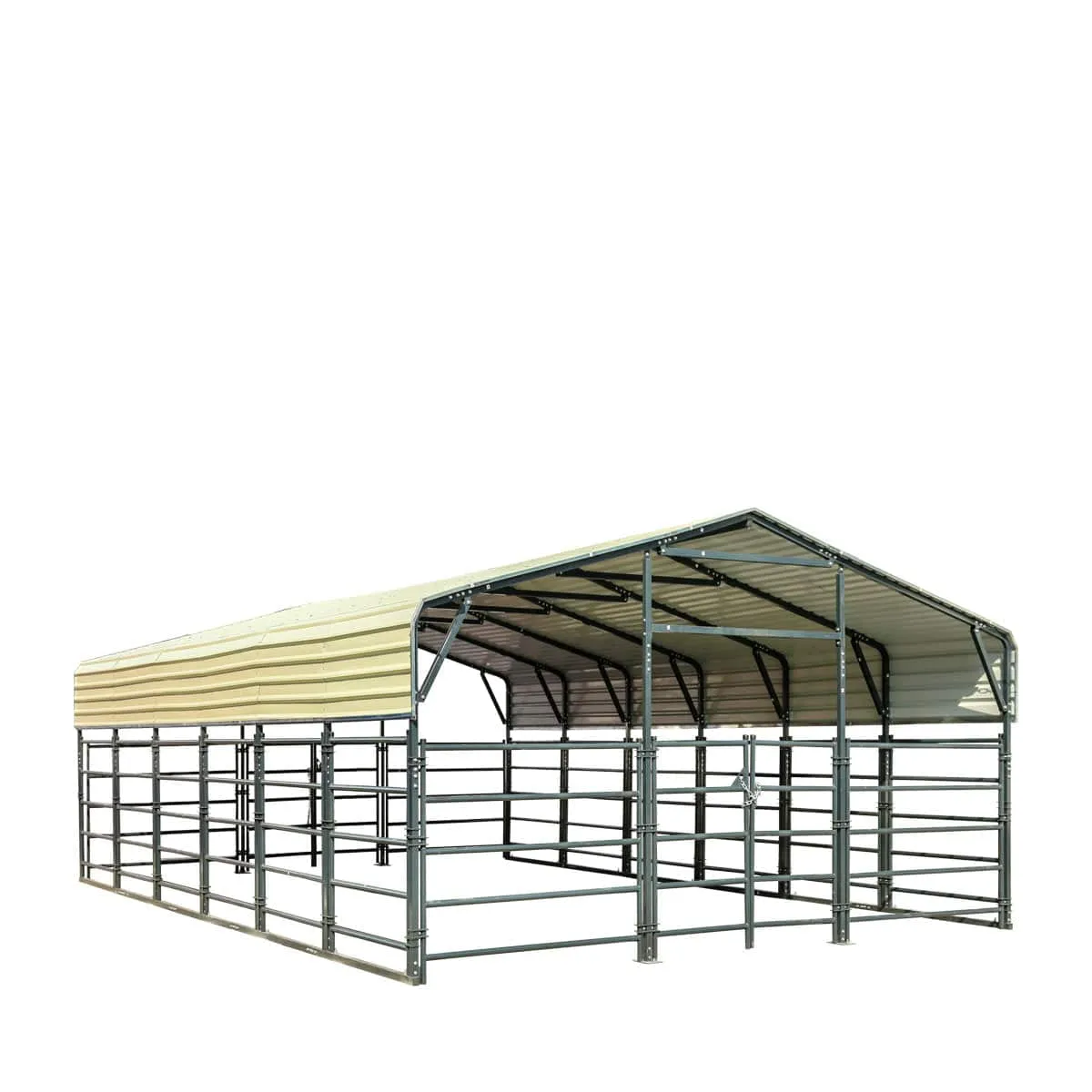 TMG Industrial 20’ x 30’ Livestock Corral Panel Metal Shed, 7’ Sidewall Height, 5’ Corral Panel Height, 600 Sq-Ft, 27 GA Corrugated Panels, TMG-MS2030LC