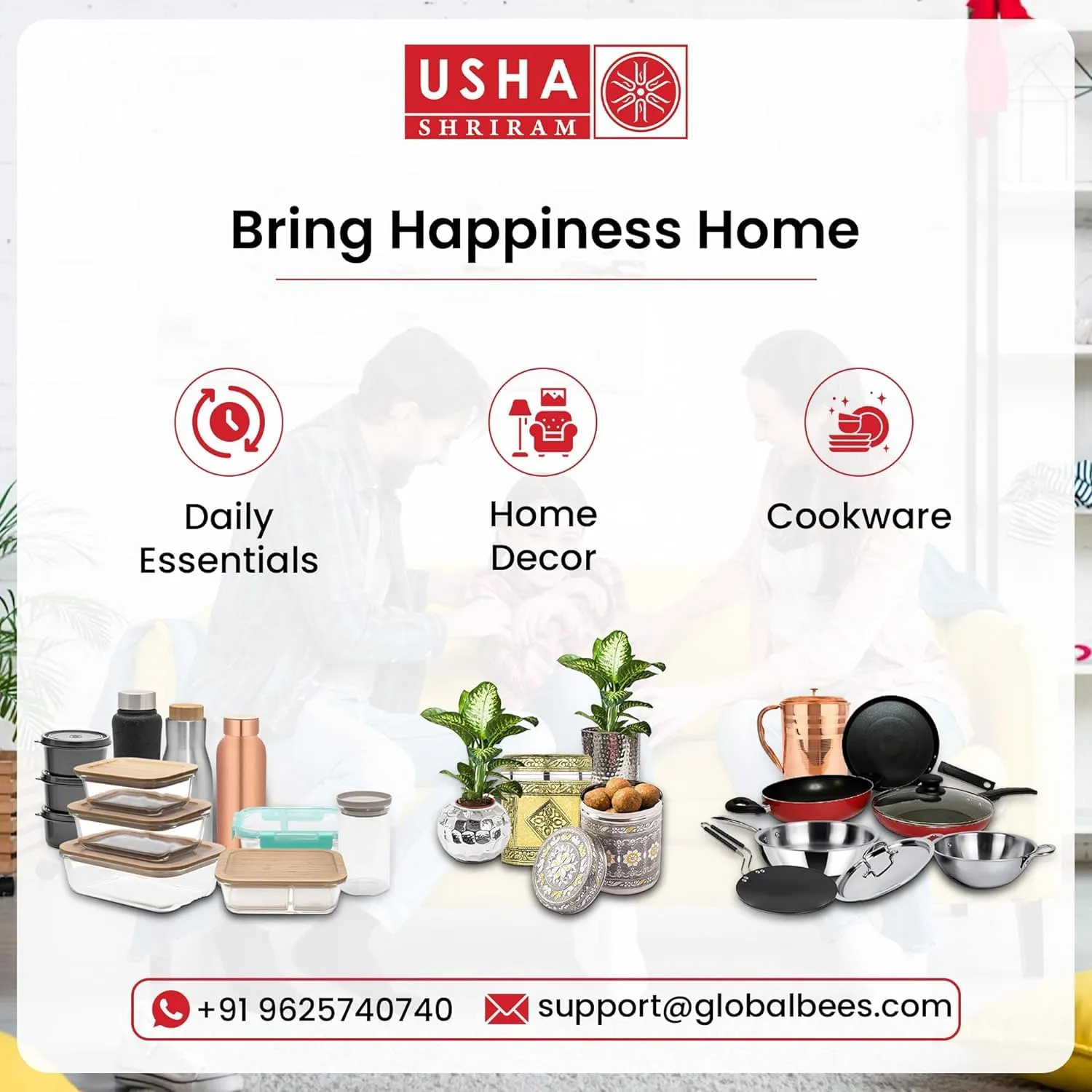 USHA SHRIRAM Golden Non-Stick Cookware Set | Frying Pan, Roti Tawa, Grill Pan, Sauce Pan | Minimal Oil Cooking | Easy Grip Handles |Non-Toxic & Lightweight | Pack of 4