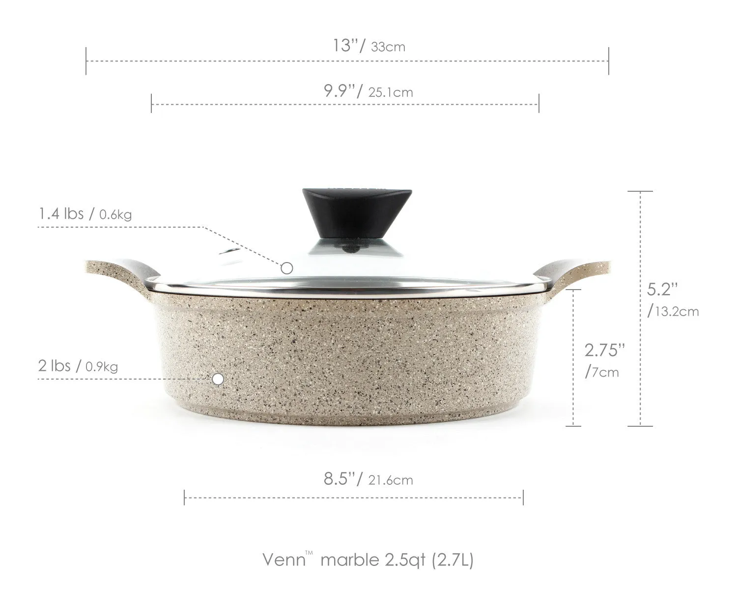 Venn 2.5 Quart Ceramic Nonstick Low Stockpot in Marble, Glass Lid