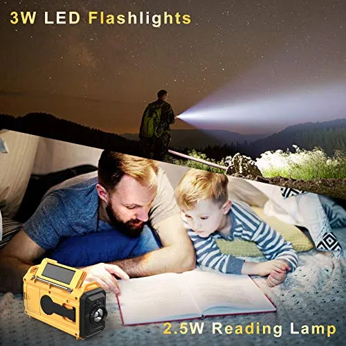 Weather Radio Raynic 5000 Solar Hand Crank Emergency Radio 5 Ways Powered AM/FM/SW/NOAA Weather Alert Portable Radio with Flashlight, Reading Lamp (Yellow)